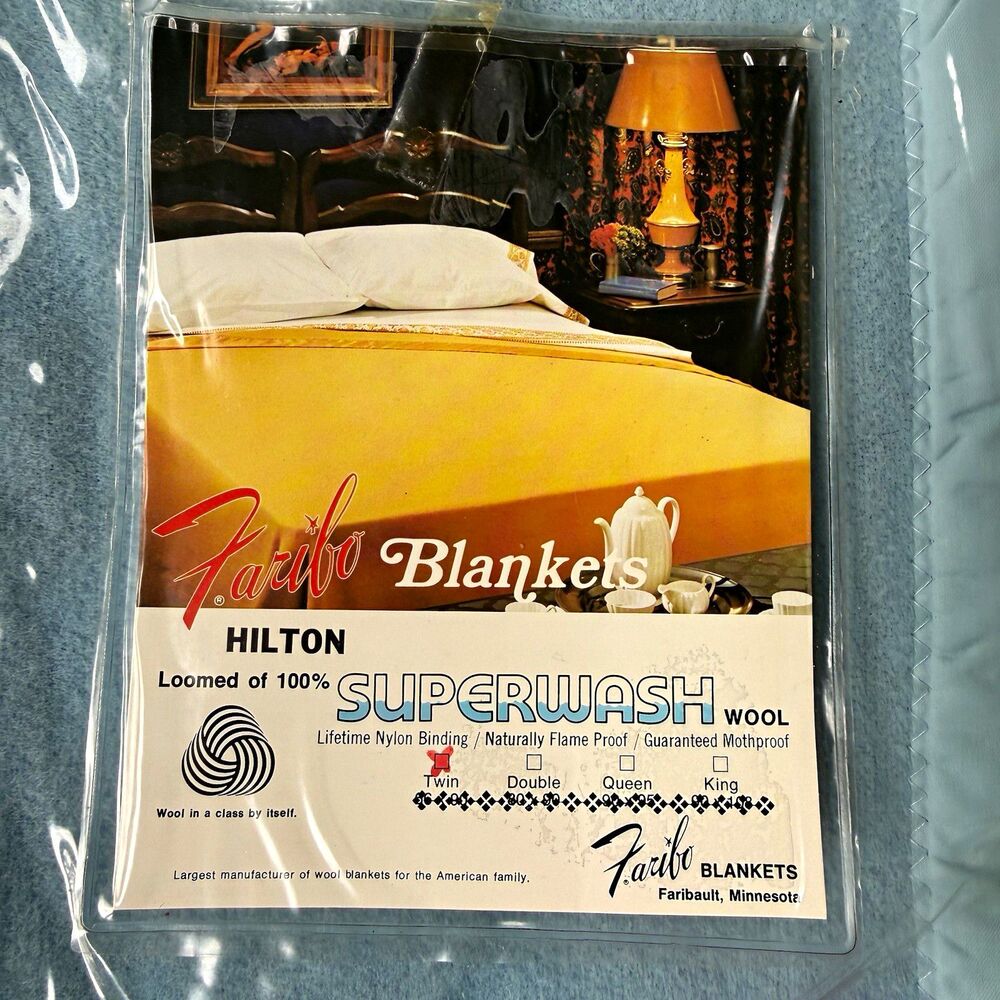 Faribo Hilton Superwash Wool/Nylon Twin Blanket Blue 72x90 Mothproof